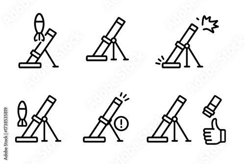 Mortar Firing Icon Set. Outline icon set of mortar firing actions: loading shell, aiming, firing, recoil, reload, misfire, sight adjustment, safety check. Line
