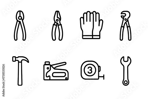 Barbed Wire Tools Icons. Outline icon set of barbed wire tools: wire cutter, pliers, gloves, tensioner, hammer, staple gun, measuring tape, wrench. Line icons