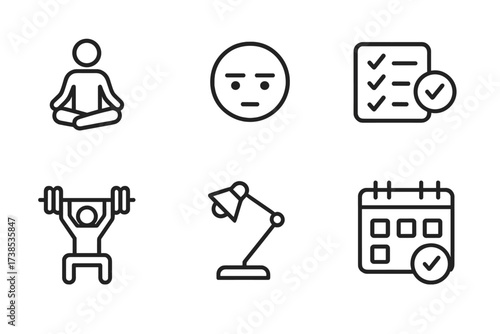 Self-Discipline Icons. Outline icon set of self-discipline: meditation, focused face, no distractions, habit tracker, gym workout, study lamp, calendar, goal
