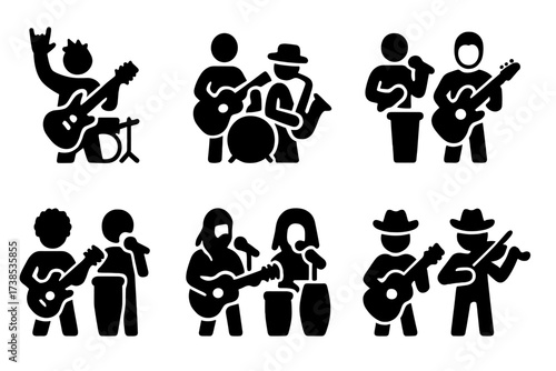 Musical Genre Icons. Solid, filled icon set of live band musical genres: rock, jazz, blues, pop, funk, reggae, metal, country. Solid, filled icons in only