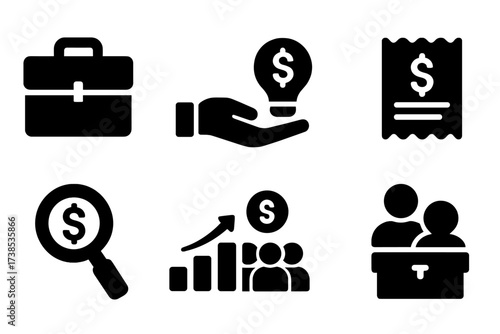 Corporate Finance Icons. Solid, filled icon set of corporate funds: corporate budget, capital investment, internal funding, expense tracking, financial audit,