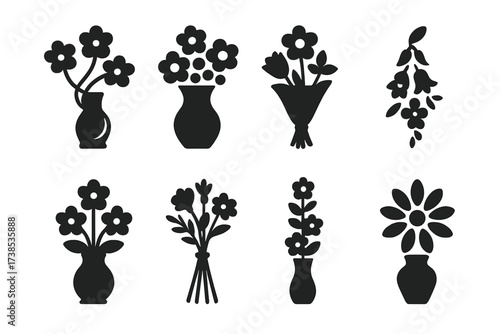 Flower Arrangement Icons. Solid, filled icon set of flower arrangement techniques: spiraling stems, color blocking, grouping flowers, cascading