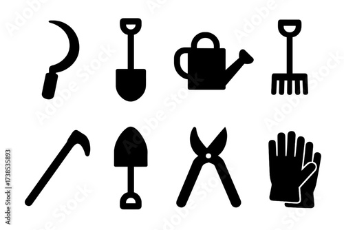 Farm Tools Grid. Solid, filled icon set of farm tools: sickle, spade, watering can, rake, hoe, shovel, pruning shears, gloves. [Line icons in only black color.
