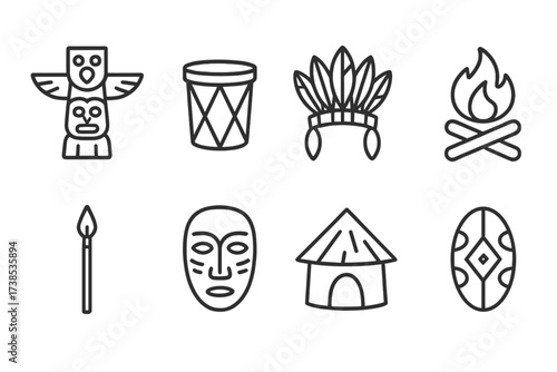Tribal Icon Set. Outline icon set of tribe: totem pole, drum, feather headdress, campfire, spear, mask, tribal hut, shield. Line icons in only black color,