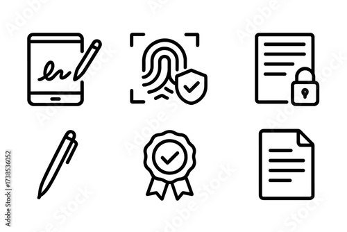 Digital Signature Icons. Outline icon set of digital signature: tablet with stylus, fingerprint scan, biometric authentication, encrypted document, digital