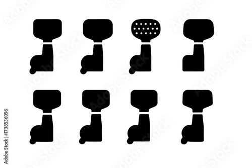 Tuning Key Icon Set. Solid, filled icon set of tuning key materials: metal, plastic, rubber grip, aluminum, stainless steel, carbon fiber, brass, composite.