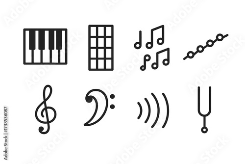 Musical Icon Grid. Outline icon set of musical scales: piano keys, guitar fretboard, musical notes, scale pattern, treble clef, bass clef, sound waves, tuning
