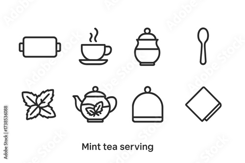 Culinary Icon Set. Outline icon set of mint tea serving: tea tray, teacup with steam, sugar pot, teaspoon, mint garnish, glass teapot, tea cozy, serving