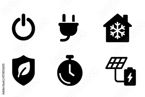 Energy Conservation Icons. Solid, filled icon set of energy conservation: power button, unplugged plug, dimmer switch, insulated house, green shield, low