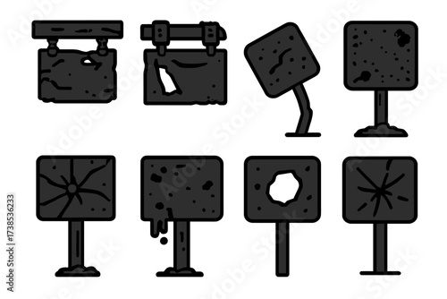 Abandoned Sign Icons. Solid, filled icon set of abandoned sign: broken frame, rusted hinges, torn fabric, bent pole, rust stains, faded colors, corroded