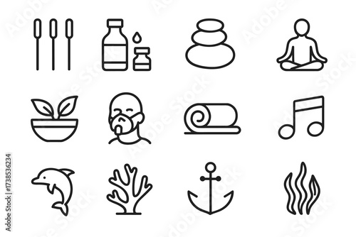 Zen and Sea Icons. Outline icon set of zen wellness: acupuncture needles, essential oils, massage stones, yoga pose, herbal medicine, breathing mask, spa