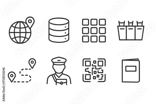 Postal System Icons. Outline icon set of postal codes system: globe with pin, database, numeric keypad, sorting bins, delivery route, mail carrier, QR code,