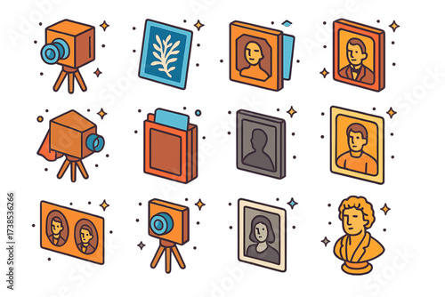 Photography Pioneers Icons. Pioneers of photography. Colorful isometric vector icons set of pioneers of photography: daguerreotype camera, cyanotype print,