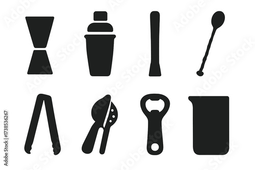 Bar Tools Icons. Solid, filled icon set of strainer bar tools: jigger, cocktail shaker, muddler, bar spoon, ice tongs, citrus squeezer, bottle opener, mixing