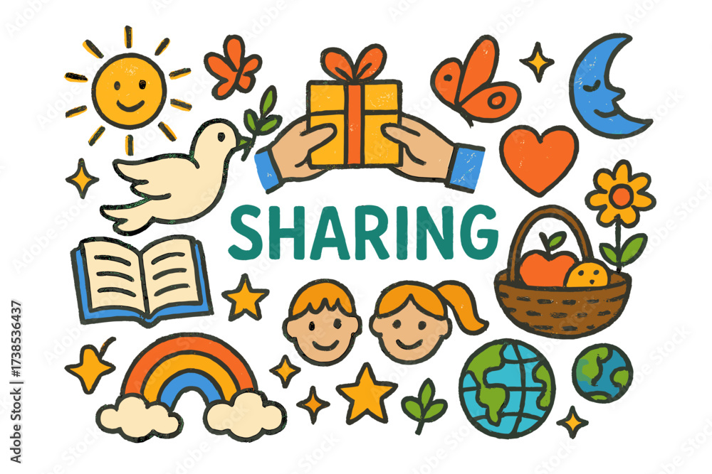 Fototapeta premium Joyful Sharing Symbols. Sharing. Colorful Hand-drawn doodle Children illustration Sharing gift, hands, heart, smiling faces, flower, fruit basket, rainbow,