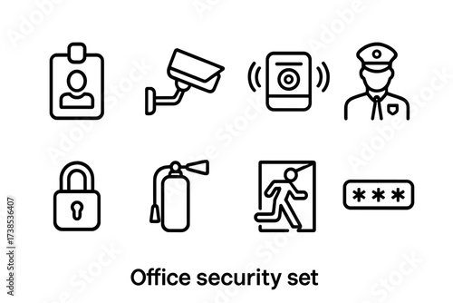 Office Security Icons. Outline icon set of office security: keycard, CCTV camera, alarm system, security guard, lock, fire extinguisher, emergency exit,