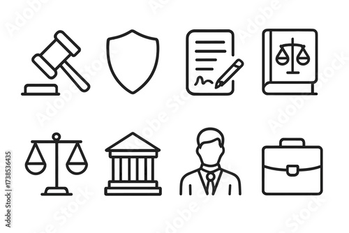 Legal Icon Set. Outline icon set of legal protection: gavel, shield, contract, law book, scales of justice, courthouse, lawyer, briefcase. Line icons in only