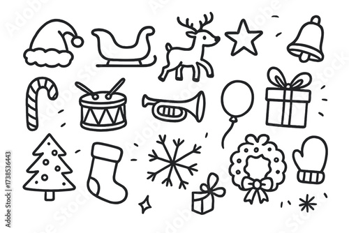 Holiday Parade Icons. Hand-drawn doodle illustration Holiday parade Santa hat, sleigh, reindeer, star, bell, candy cane, drum, trumpet, balloon, gift box,
