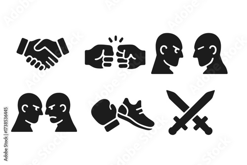 Rivalry Icons Set. Solid, filled icon set of rivalry actions: handshake, fist bump, eye contact, arm wrestling, faceoff, boxing gloves, running shoes, crossed