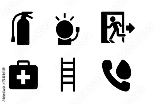 Emergency Icons Grid. Solid, filled icon set of emergency responses: fire extinguisher, alarm bell, safety helmet, emergency exit, first aid kit, water hose,