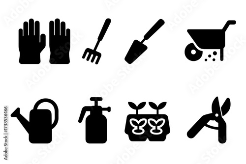 Garden Tools Icons. Solid, filled icon set of seed tools: garden gloves, hand rake, hoe, seed spreader, watering can, sprayer, seedling tray, pruning shears.