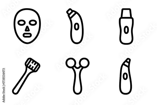 Face Care Devices Icons. Solid, filled icon set of face care devices: LED mask, microdermabrasion tool, facial steamer, ultrasonic spatula, micro-needling