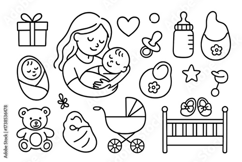 Newborn Bonding Doodles. Hand-drawn doodle illustration Newborn bonding baby outline, heart, pacifier, bottle, rattle, bib, blanket, teddy bear, stroller,