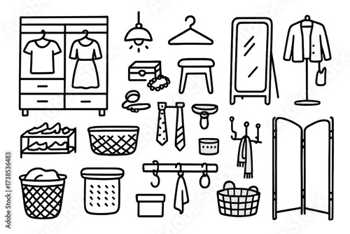 Stylish Closet Doodle. Hand-drawn doodle illustration Stylish combined closet and dressing dresser, hanger, full-length mirror, clothes rack, shoe rack, stool,