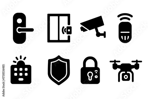 Home Security Icons. Solid, filled icon set of home security: door lock, window alarm, security camera, motion detector, alarm system, security sign, smart