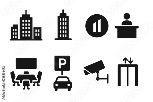 Headquarters Icon Set. Solid, filled icon set of headquarters building: skyscraper, office tower, corporate logo, reception desk, conference room, parking lot,