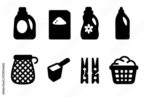 Laundry Tools Icons. Solid, filled icon set of washing tools and accessories: laundry detergent, washing powder, fabric softener, bleach bottle, washing net,