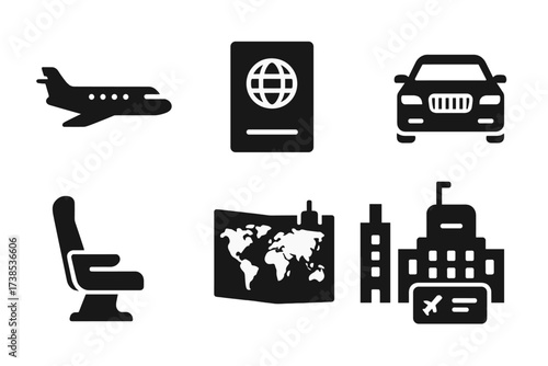 Luxury Travel Icons. Solid, filled icon set of magnate travel: private jet, passport, luxury car, suitcase, first-class seat, world map, hotel, boarding pass.
