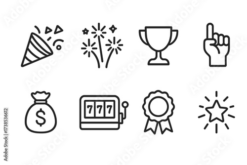 Celebration Icons Outline. Outline icon set of stakes celebration: confetti, fireworks, trophy, winner hand, money bag, jackpot, prize ribbon, star burst. Line
