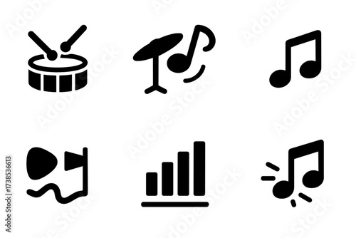 Backbeat Sound Icons. Solid, filled icon set of backbeat sound characteristics: punchy, crisp, tight, swinging, laid-back, driving, dynamic, groovy. Solid,