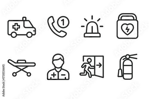 Emergency Icon Set. Outline icon set of emergency response: ambulance, emergency phone, siren light, defibrillator, stretcher, paramedic, emergency exit sign,
