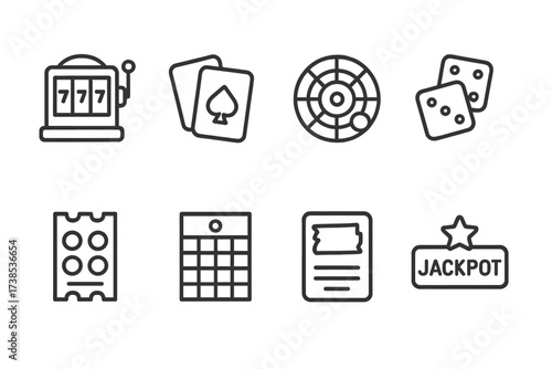 Game Icons Set. Outline icon set of chance in games: slot machine, poker cards, roulette ball, craps dice, lottery ticket, bingo card, scratch card, jackpot