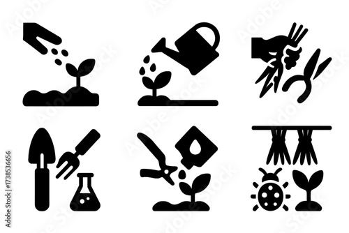 Agricultural Process Icons. Solid, filled icon set of agricultural processes: sowing seeds, watering plants, harvesting, soil testing, fertilizing, pruning,