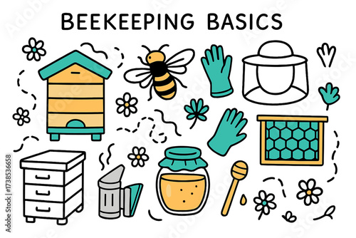 Beekeeping Essentials Doodle. Beekeeping basics. Hand-drawn doodle illustration beekeeping basics beehive (colored), bee (colored), smoker tool, honey jar