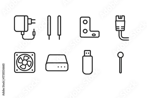 Router Accessories & Signals. Outline icon set of router accessories: power adapter, antennas, mounting bracket, network cable, cooling fan, external modem,