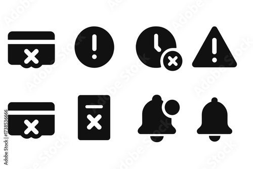 Payment Alert Icons. Solid, filled icon set of payment default: failed transaction, alert badge, stopped clock, canceled payment, warning triangle, red cross