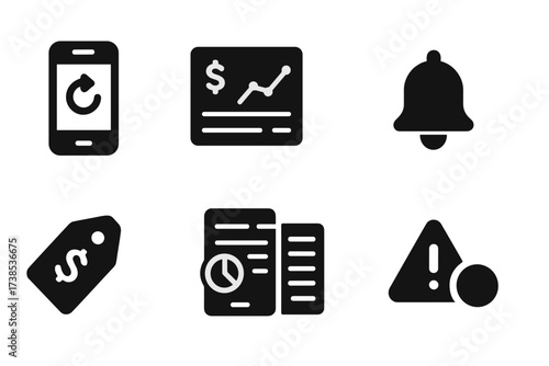 Loan Management Icons. Solid, filled icon set of loan tracking: mobile app screen, dashboard panel, repayment chart, notification bell, transaction log, loan
