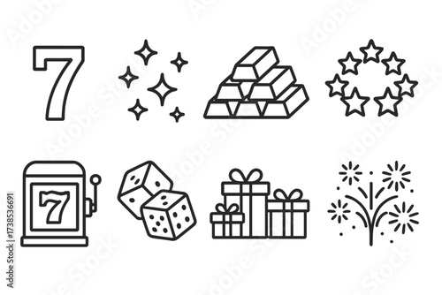 Lucky Seven Icons. Outline icon set of seven luck motifs: digit seven, seven sparkles, seven gold bars, seven jackpot stars, seven slot machine, seven dice
