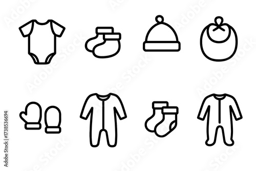 Nursery Clothing Icons. Outline icon set of nursery clothing: onesie, booties, hat, bib, mittens, romper, socks, pajamas. Line icons in only black color,