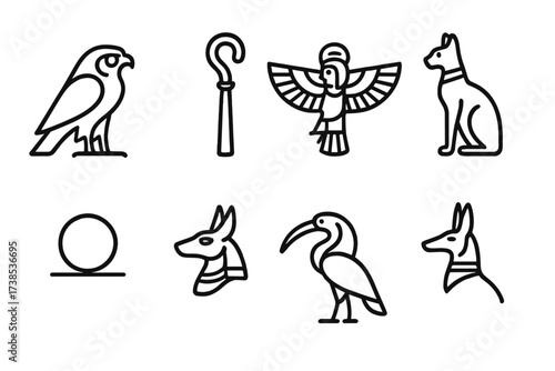 Egyptian Mythology Icons. Outline icon set of Egyptian mythology: Horus falcon, Osiris crook, Isis wings, Bastet cat, Ra sun disk, Anubis jackal, Thoth ibis,