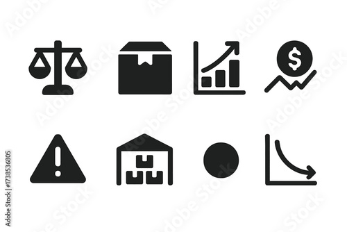 Supply and Demand Icons. Solid, filled icon set of supply and demand: balance scale, supply box, demand chart, market price, shortage symbol, surplus