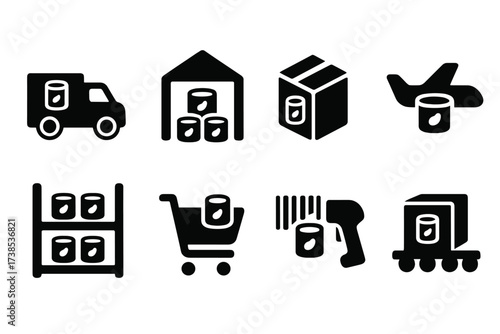 Canned Goods Logistics. Solid, filled icon set of canned beans distribution: delivery truck, warehouse, shipping box, airplane cargo, freight train, store