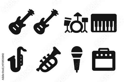 Jam Session Icons. Solid, filled icon set of jam session instruments: electric guitar, bass guitar, drum set, keyboard, saxophone, trumpet, microphone,
