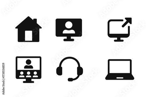 Remote Work Icons. Solid, filled icon set of remote team concepts: home office, video conference, cloud sharing, remote access, virtual meeting, online