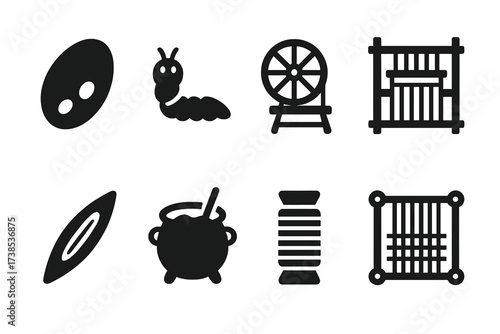 Silk Production Tools. Solid, filled icon set of silk production tools: silk cocoon, silkworm, spinning wheel, loom, shuttle, dye pot, thread spool, weaving