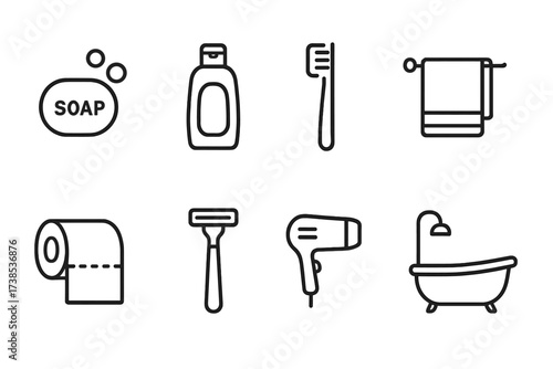 Hygiene Icon Set. Outline icon set of domestic hygiene: soap, shampoo, toothbrush, towel, toilet paper, razor, hairdryer, bath tub. [Line icons in only black